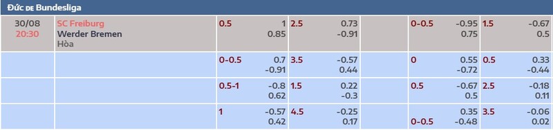 Bảng tỷ lệ kèo trận đấu Freiburg vs Werder Bremen