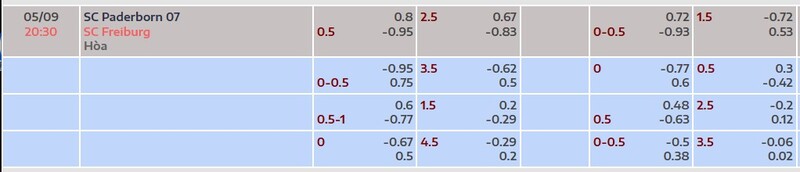 Bảng tỷ lệ kèo trận đấu Paderborn vs Freiburg